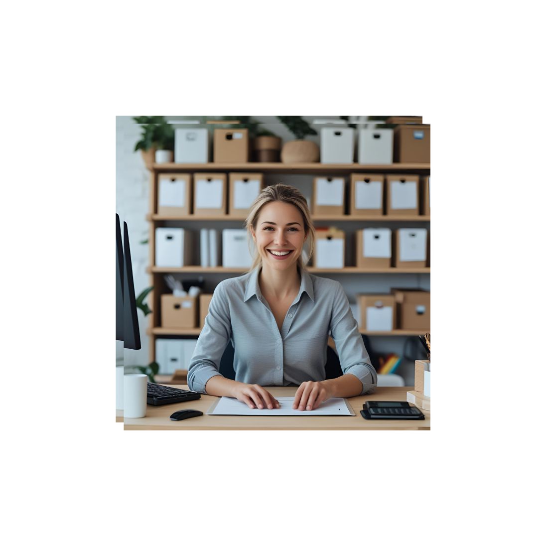Smiling person working in an organized environment, symbolizing efficiency and well-being